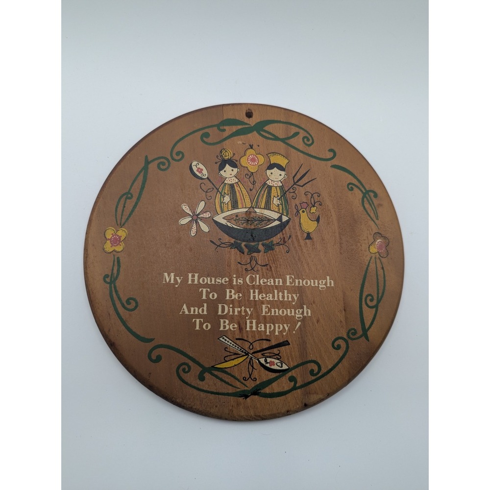Vtg Enesco Wooden Wall Hanging Plaque Happy House Clean‎ Dirty Japan Mid Century